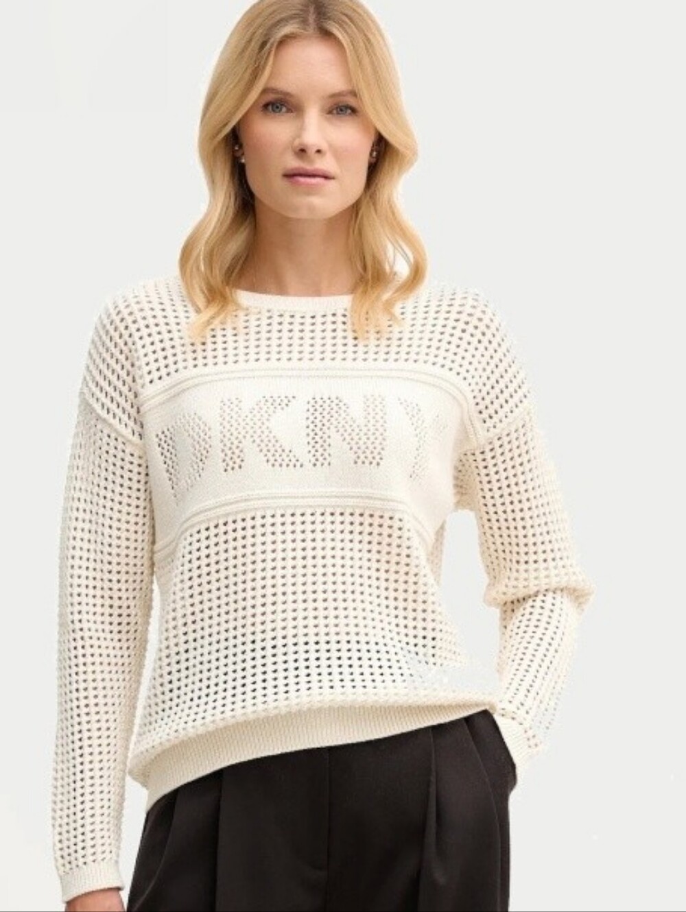 DKNY Cream Open-Knit Logo Crewneck Sweater